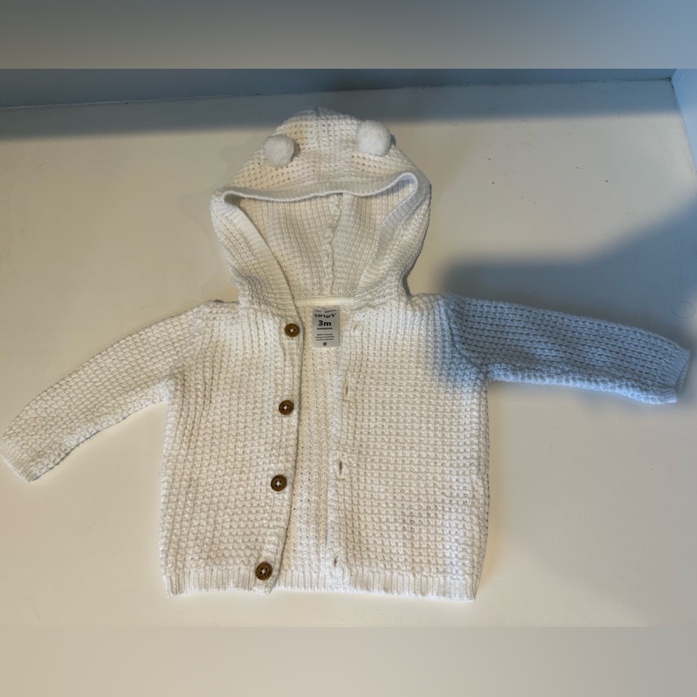 Carter’s Knitted Baby Sweater in Ivory White with Hood/ Bear Ears Size 3 Months
